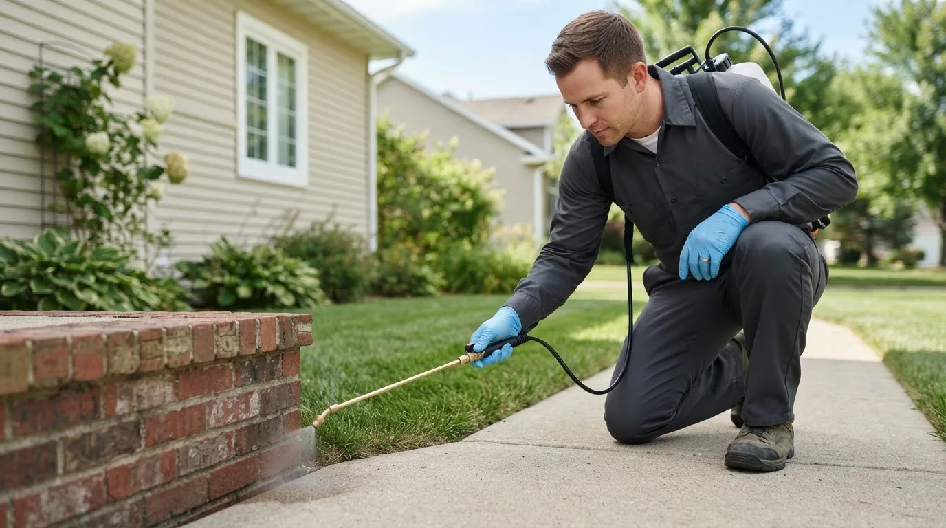 Pest control technician treating a home near East Texas, PA